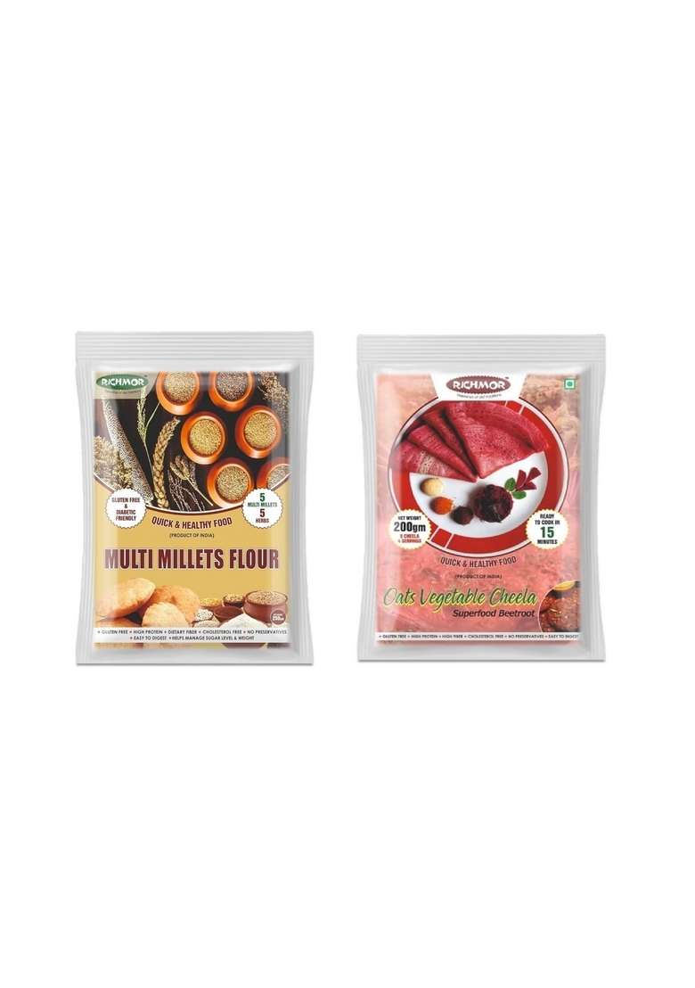Richmor Healthy Grains Combo: Multi Millets Flour (500G) & Oats Vegetable Beetroot Cheela Mix (200G) | Gluten-Free, High Protein & Fiber | Diabetic Friendly | Quick & Easy Healthy Meals - Indya