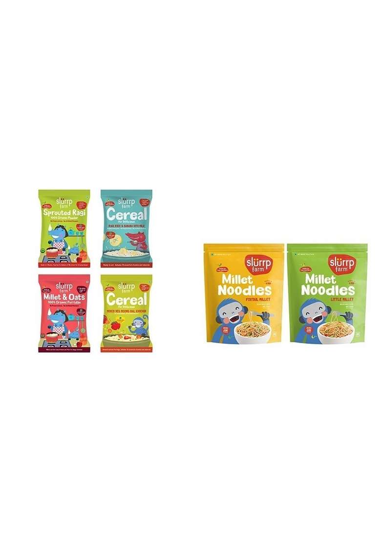 Slurrp Farm No Sugar Salt First Foods Cereal Trial Pack Combo | Made With Ragi Oats Jowar Real Fruits Vegetables Dals| 50 G 4 Maida Millet Noodles Of 2 192G Each - Indya