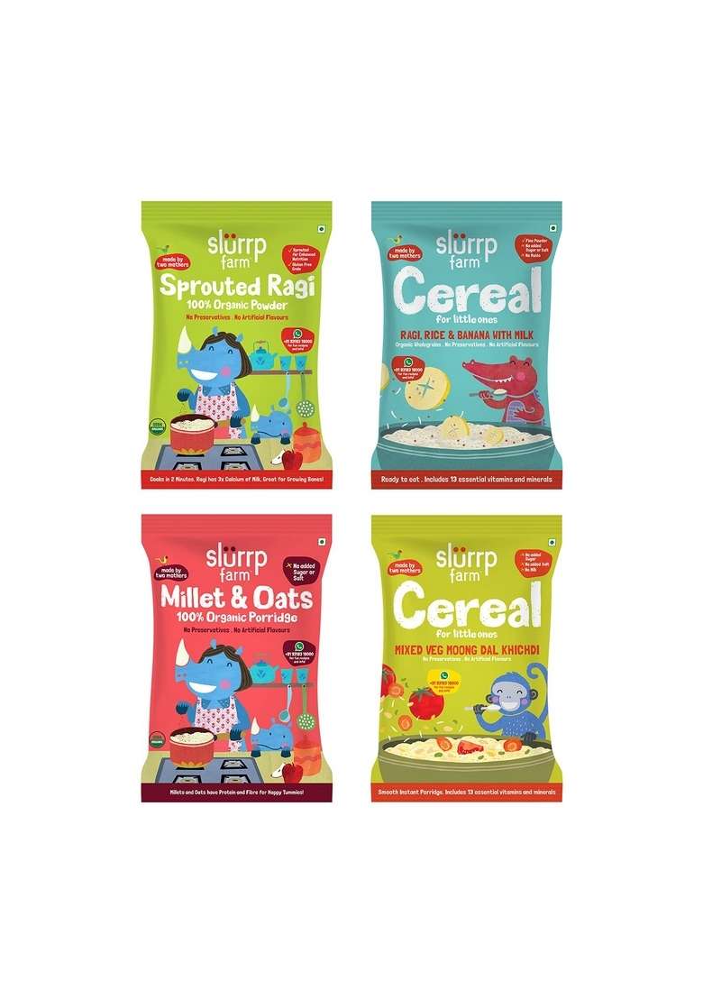 Slurrp Farm No Sugar Salt First Foods Cereal Trial Pack Combo | Made With Ragi Oats Jowar Real Fruits Vegetables Dals| 50 G 4 Maida Millet Noodles Of 2 192G Each - Indya