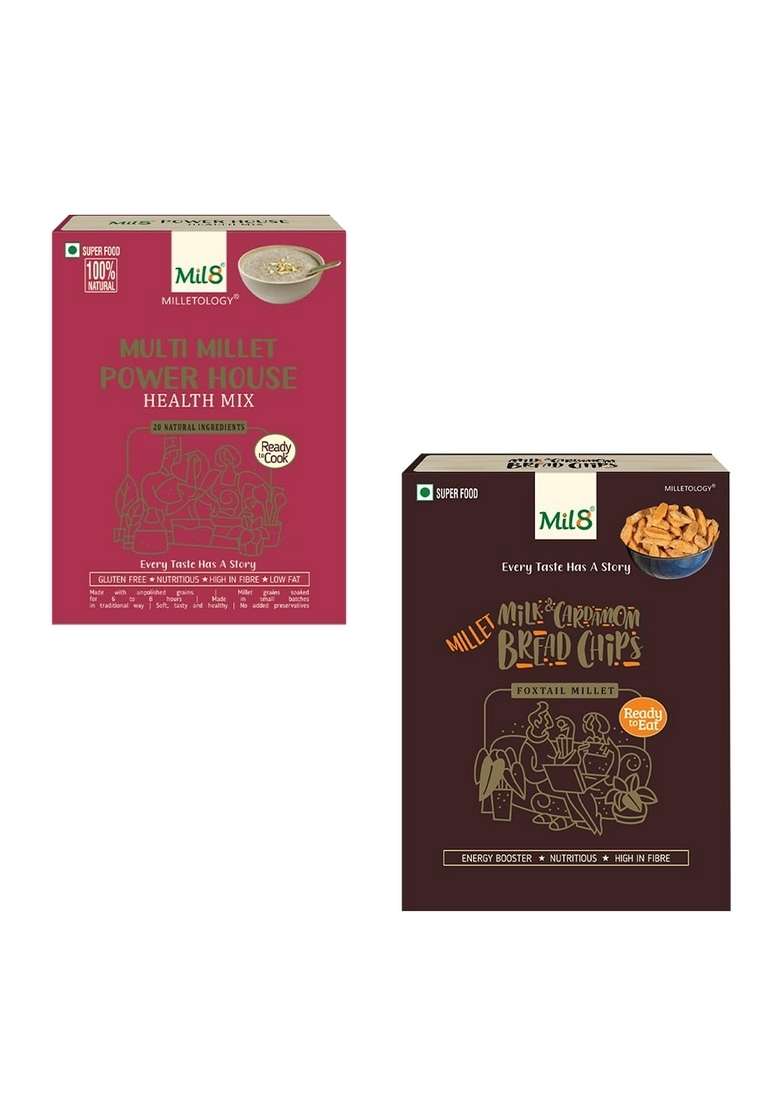 Mil8 Health Mix Powerhouse & Bread Chips Milk And Cardamom Combo (300Gram-40Gram) Nutritious, Delicious And Healthy Breakfast Solution - Indya