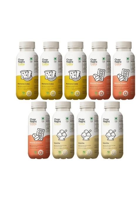 Overnight Oats With Vegan Protein | High Protein Oats Breakfast With Dietary Fibre | Just Add Milk | Ready In Minutes | No Preservatives | 3 Banana Cake + 3 Mocha + 3 Vanilla (Pack Of 9, 50G Each)