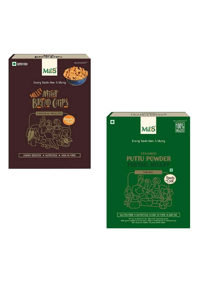 Mil8 Bread Chips Mint & Puttu Powder Foxtail Millet Combo (40Gram-300Gram) Nutritious, Delicious And Healthy Breakfast Solution - Indya