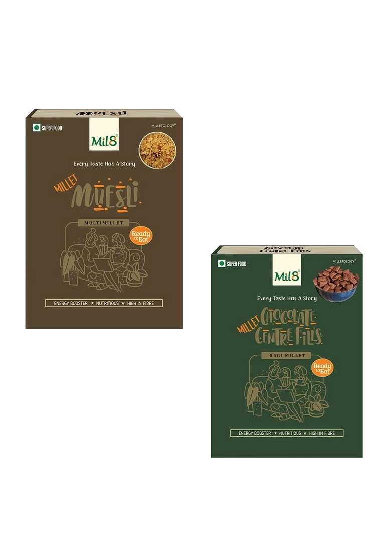 Mil8 Muesli & Ragi Chocolate Centre Fills Combo (100Gram-100Gram) Nutritious, Delicious And Healthy Breakfast Solution - Indya