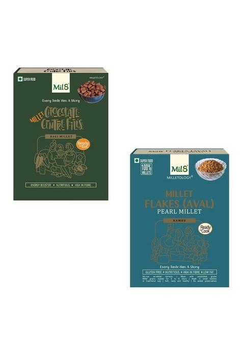 Mil8 Ragi Chocolate Centre Fills & Flakes (Aval) Pearl Millet Combo (100Gram-200Gram) Nutritious, Delicious And Healthy Breakfast Solution