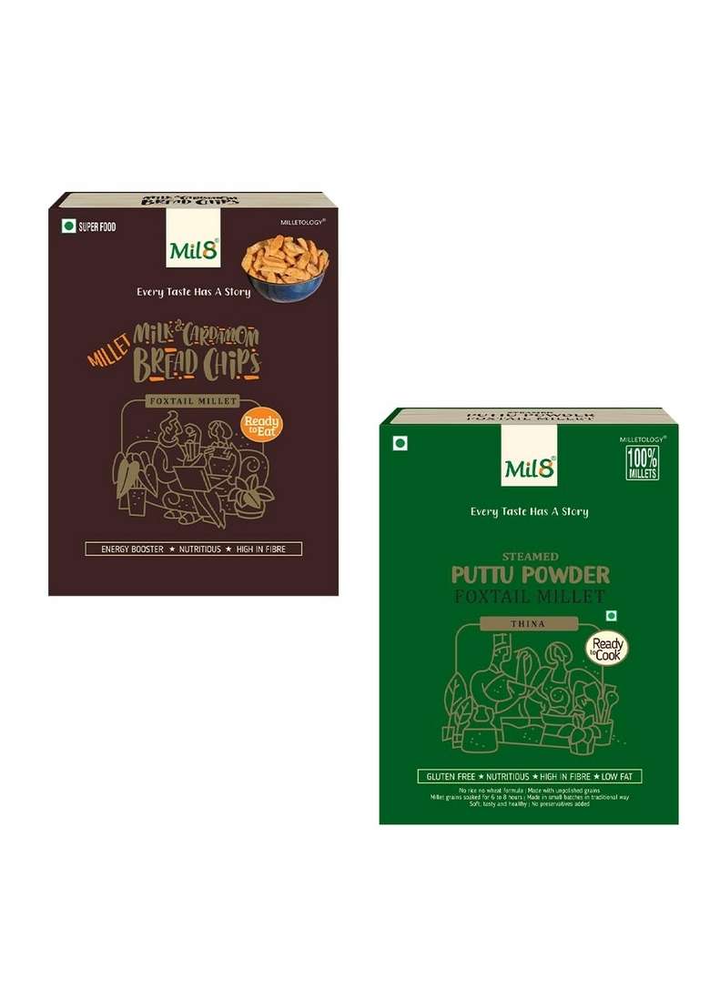 Mil8 Bread Chips Milk And Cardamom & Puttu Powder Foxtail Millet Combo (40Gram-300Gram) Nutritious, Delicious And Healthy Breakfast Solution - Indya