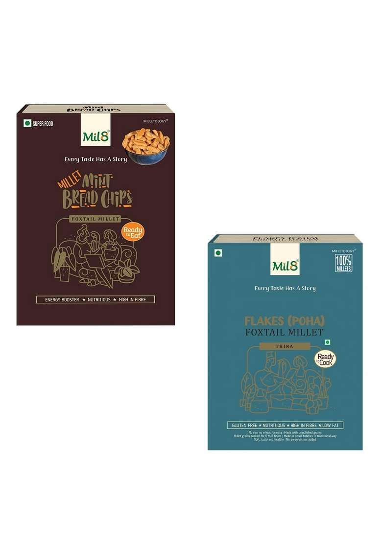 Mil8 Bread Chips Mint & Flakes (Aval) Foxtail Millet Combo (40Gram-200Gram) Nutritious, Delicious And Healthy Breakfast Solution - Indya