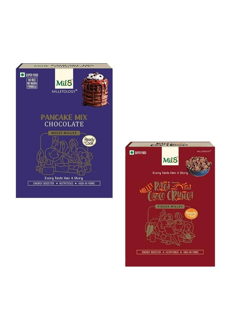 Mil8 Pancake Mix Chocolate & Ragi Choco Crunch Combo (200Gram-80Gram) Nutritious, Delicious And Healthy Breakfast Solution - Indya