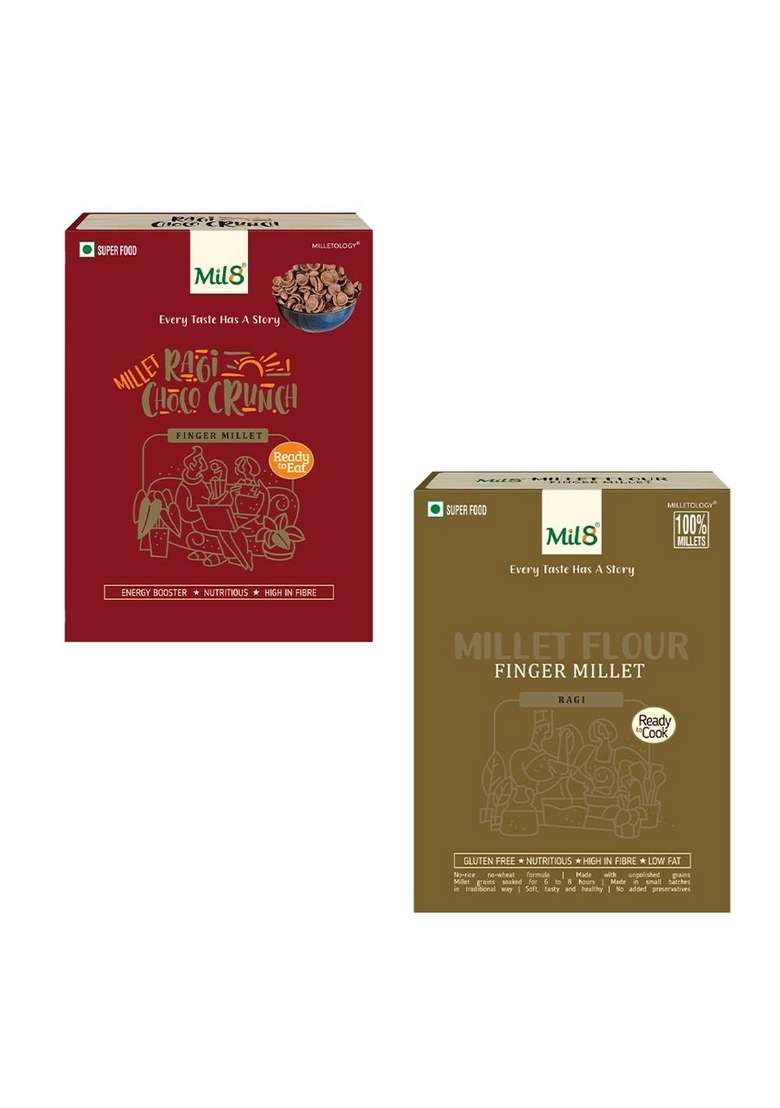 Mil8 Ragi Choco Crunch & Flour Finger Millet Combo (80Gram-300Gram) Nutritious, Delicious And Healthy Breakfast Solution - Indya