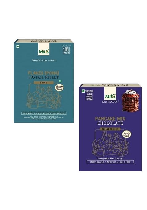 Mil8 Flakes (Aval) Foxtail & Pancake Mix Chocolate Combo (200Gram-200Gram) Nutritious, Delicious And Healthy Breakfast Solution
