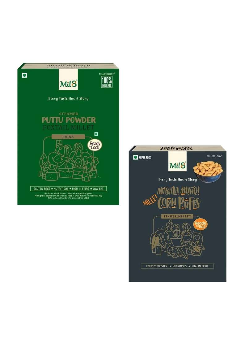 Mil8 Puttu Powder Foxtail & Corn Puffs Masala Combo (300Gram-30Gram) Nutritious, Delicious And Healthy Breakfast Solution - Indya