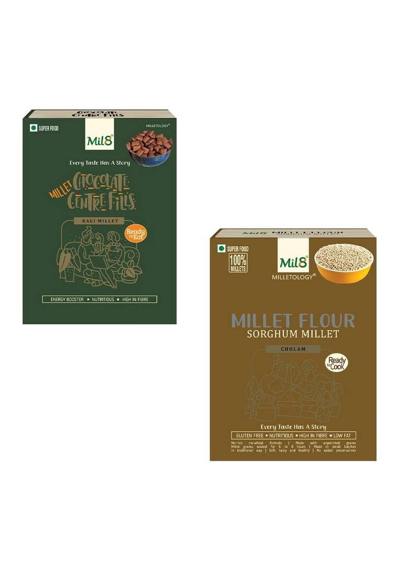 Mil8 Ragi Chocolate Centre Fills & Flour Sorghum Millet Combo (100Gram-300Gram) Nutritious, Delicious And Healthy Breakfast Solution - Indya