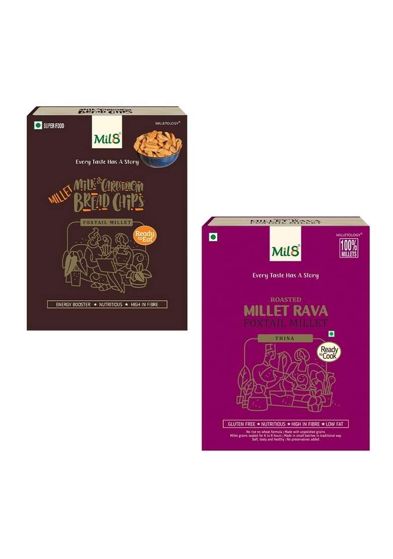 Mil8 Bread Chips Milk And Cardamom & Rava Foxtail Millet Combo (40Gram-300Gram) Nutritious, Delicious And Healthy Breakfast Solution - Indya