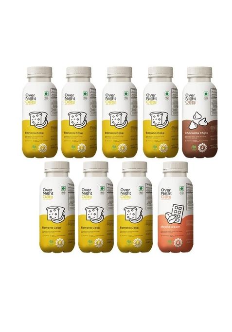 Overnight Oats With Vegan Protein | High Protein Oats Breakfast With Dietary Fibre | Just Add Milk | Ready In Minutes | No Preservatives | Banana Cake + Chocolate Chips + Mocha (Pack Of 9, 50G Each)