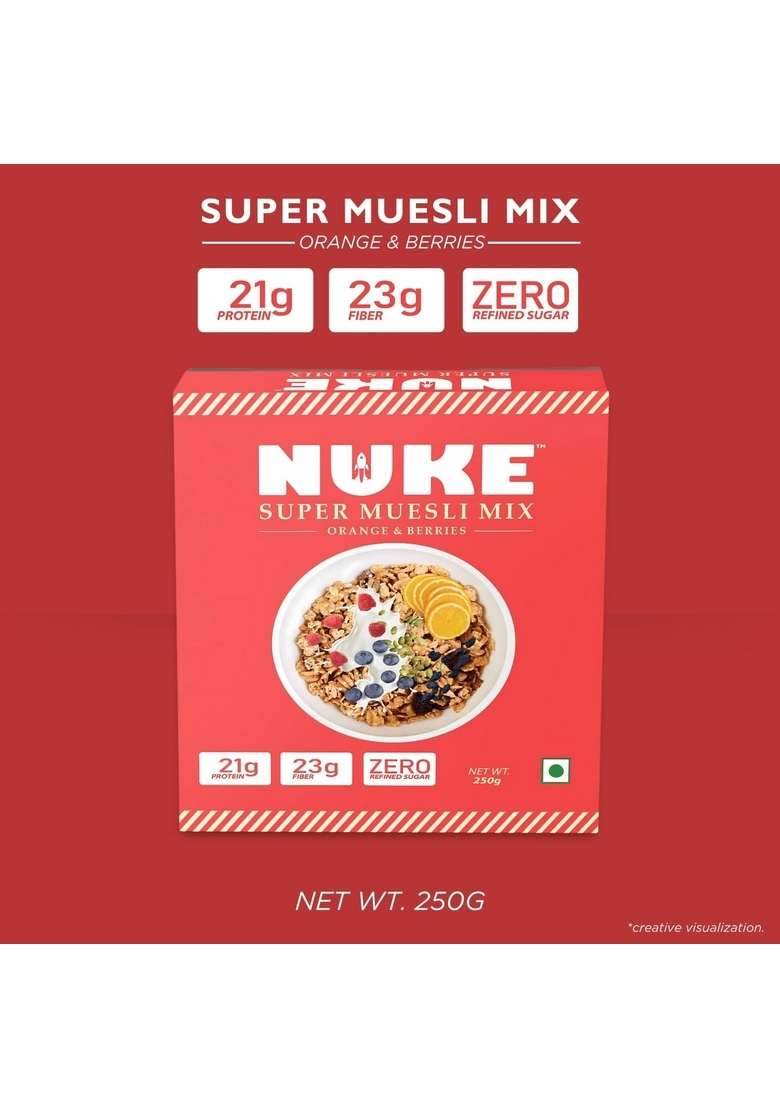 Nuke Super Orange & Berries Muesli Mix | 21G Protein | 23G Fiber | Zero Refined Sugar (250Gm X 2) - Indya