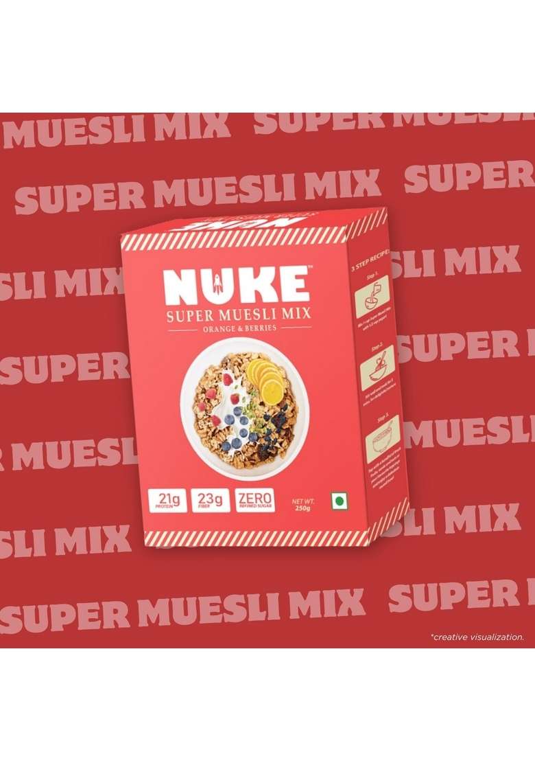 Nuke Super Orange & Berries Muesli Mix | 21G Protein | 23G Fiber | Zero Refined Sugar (250Gm X 2) - Indya