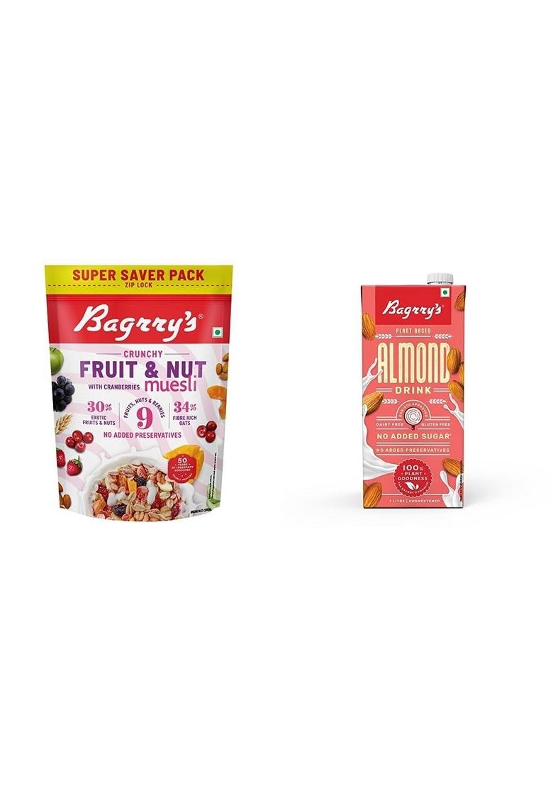 Bagrry'S Crunchy Muesli With 30% Fruit & Nut Cranberries 750Gm & Bagrrys Plant Based Almond Drink 1L | Vegan | Dairy Free | No Added Sugar| Plant Based Milk | No Preservatives | Breakfast Cereals