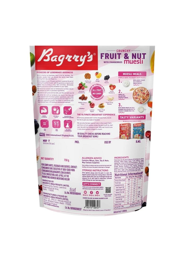 Bagrry'S Crunchy Muesli With 30% Fruit & Nut Cranberries 750Gm & Bagrrys Plant Based Almond Drink 1L | Vegan | Dairy Free | No Added Sugar| Plant Based Milk | No Preservatives | Breakfast Cereals