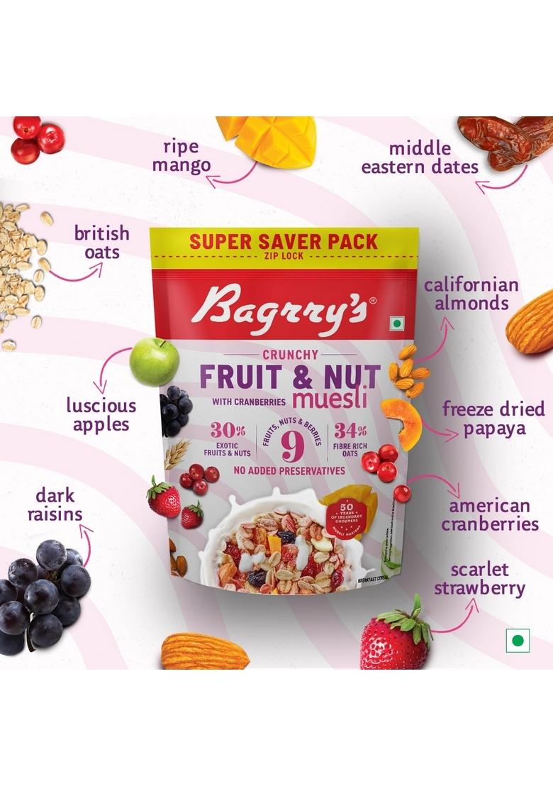 Bagrry'S Crunchy Muesli With 30% Fruit & Nut Cranberries 750Gm & Bagrrys Plant Based Almond Drink 1L | Vegan | Dairy Free | No Added Sugar| Plant Based Milk | No Preservatives | Breakfast Cereals