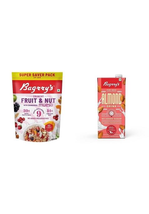 Bagrry'S Crunchy Muesli With 30% Fruit & Nut Cranberries 750Gm & Bagrrys Plant Based Almond Drink 1L | Vegan | Dairy Free | No Added Sugar| Plant Based Milk | No Preservatives | Breakfast Cereals