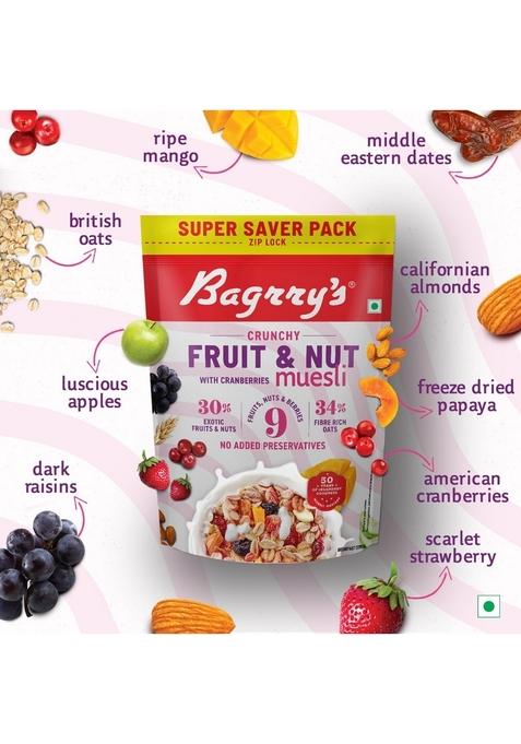 Bagrry'S Crunchy Muesli With 30% Fruit & Nut Cranberries 750Gm & Bagrrys Plant Based Almond Drink 1L | Vegan | Dairy Free | No Added Sugar| Plant Based Milk | No Preservatives | Breakfast Cereals