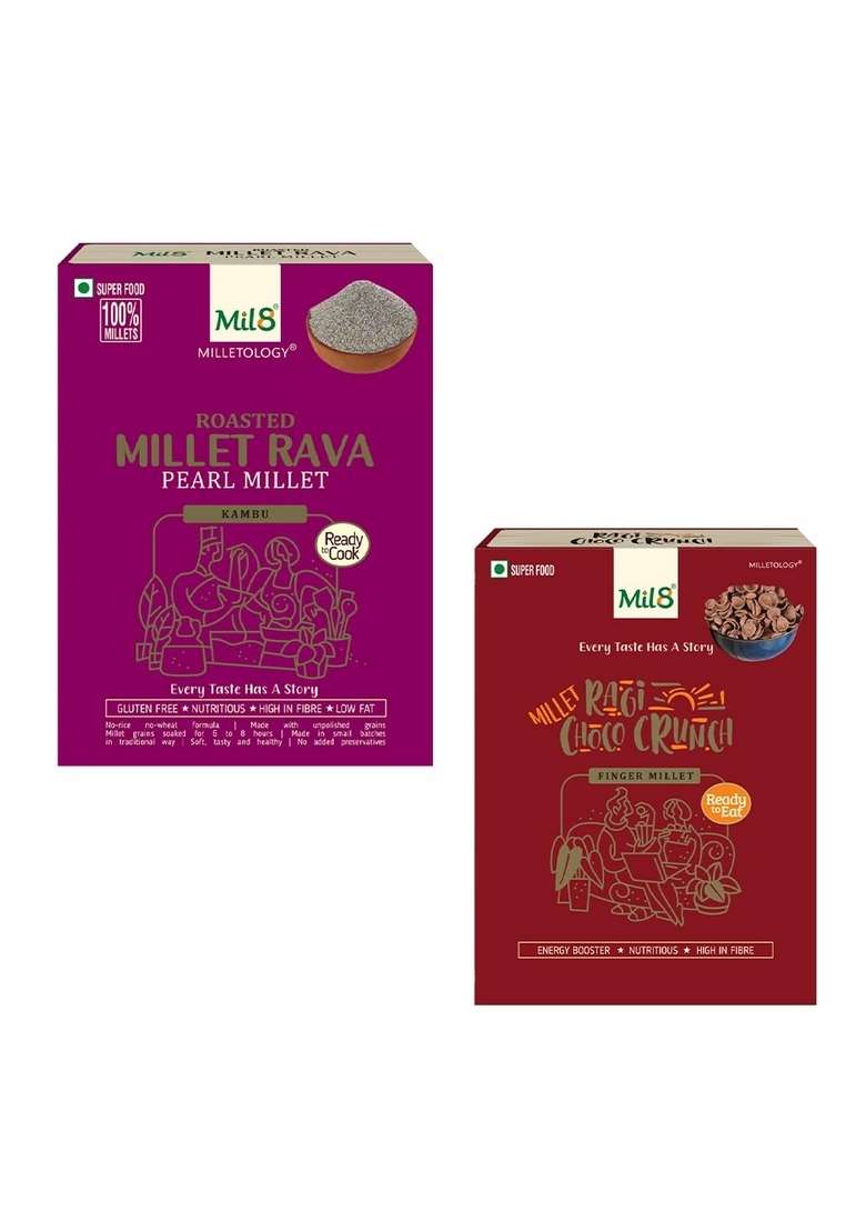 Mil8 Rava Pearl & Ragi Choco Crunch Combo (300Gram-80Gram) Nutritious, Delicious And Healthy Breakfast Solution - Indya