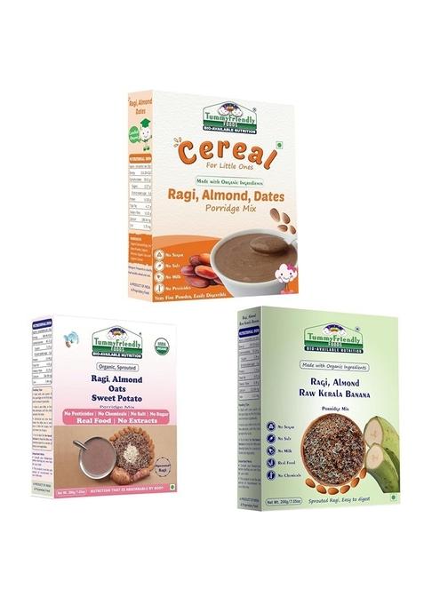 Tummy Friendly Stage3 Organic Ragi Almond Combo For Little Ones. Sprouted Ragi Almond Sweet Potato, Raw Banana. Available In Baby Trial Packs. Real Food, No Harmful Ingredients. Shelf Life 6 Months