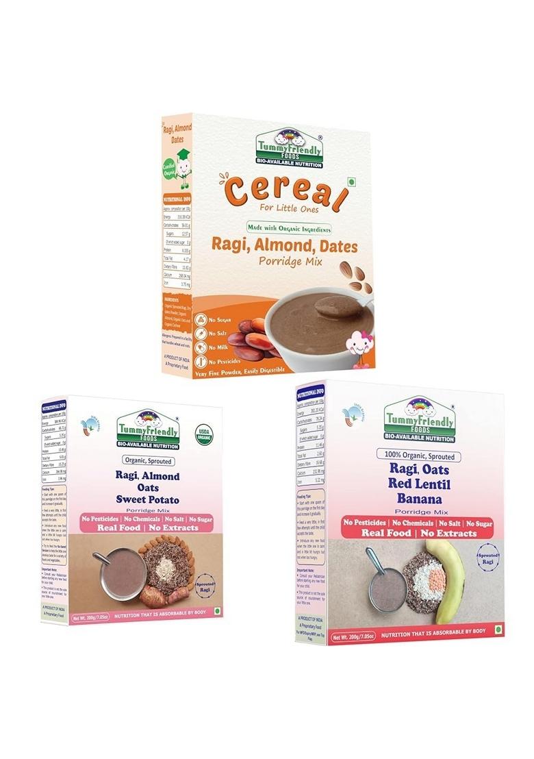 Tummy Friendly Ragi Combo Organic Cereal For Little Ones. Sprouted Ragi, Almond, Dates, Sweet Potato, Banana. Available In Baby Trial Packs. Real Food, No Harmful Ingredients. Shelf Life 8 Months