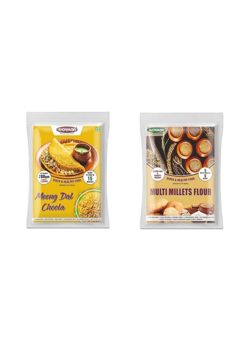 Richmor Moong Dal Cheela Mix (200G) & Multi Millets Flour Combo | Gluten-Free, High Protein & Fiber | Diabetic Friendly | Quick Healthy Breakfast & Roti Mix - Indya