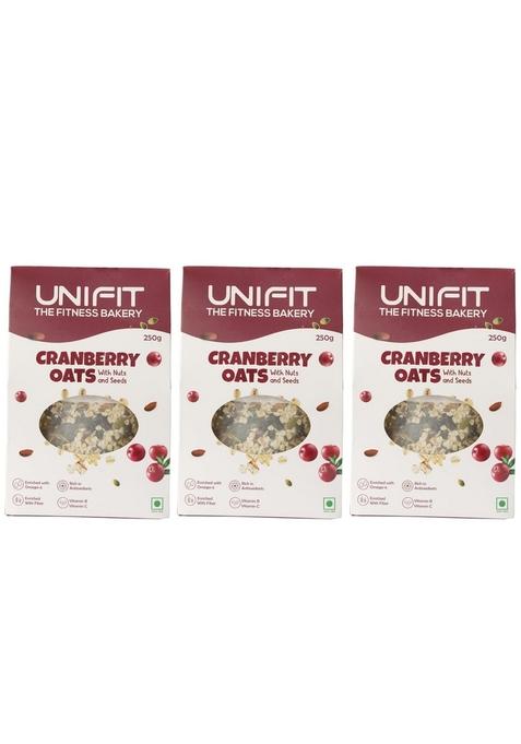 Unifit Instant Cranberry Oats | Delicious & Healthy Breakfast With Rolled Oats, Nuts, Seeds & Cranberries | High Fiber & Antioxidants | 100% Wholegrain | Pack Of 3 X 250G