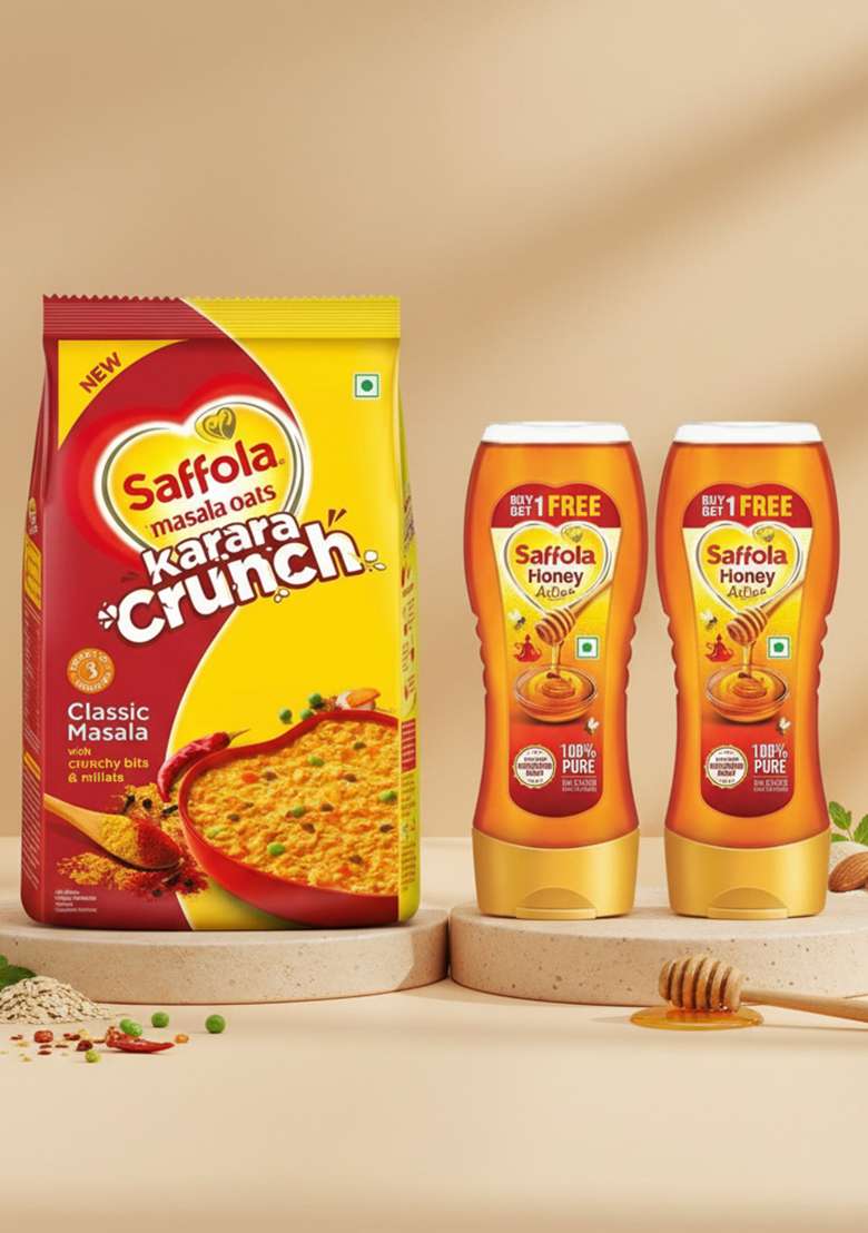 Saffola Honey Active Made With Sundarban Forest 2 X 350G Masala Oats Karara Crunch Classic Crunchy Bits And Millets 500G - Indya