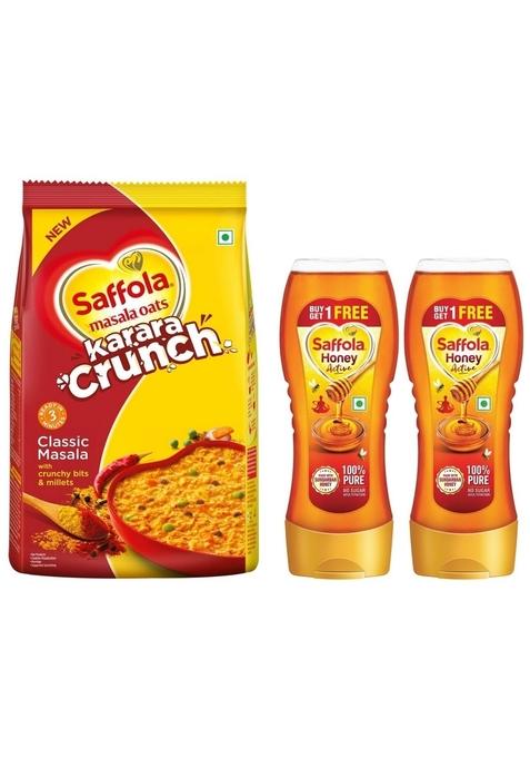 Saffola Honey Active, Made With Sundarban Forest Honey,2 X 350G & Saffola Masala Oats Karara Crunch, Classic Masala With Crunchy Bits And Millets, 500G