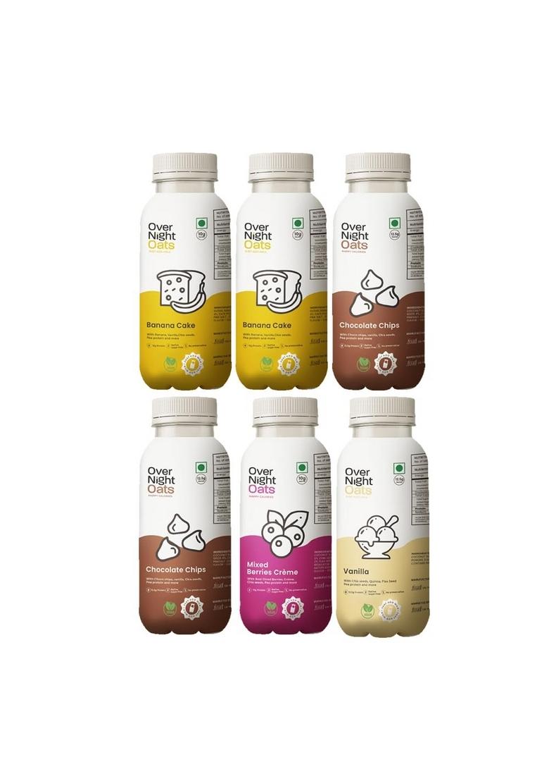 Overnight Oats With Vegan Protein | High Protein Oats Breakfast With Dietary Fibre | No Preservatives | 2 Banana Cake + 2 Chocolate Chips + Mixed Berries + Vanilla (Pack Of 6, 50G Each)