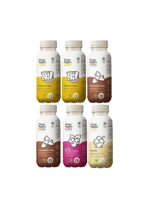 Overnight Oats With Vegan Protein | High Protein Oats Breakfast With Dietary Fibre | No Preservatives | 2 Banana Cake + 2 Chocolate Chips + Mixed Berries + Vanilla (Pack Of 6, 50G Each)