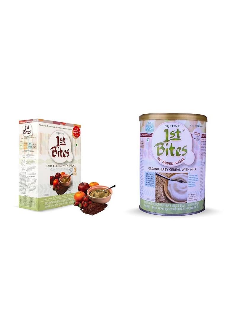 Pristine 1St Bites Baby Cereal 300G | Baby Food (10-24 Months) Stage-3, 100% Organic Ragi, Strawberry & Apple Powder & 1St Bites Organic Baby Cereal With Milk, Rice, 6 Months To 24 Months, 400G