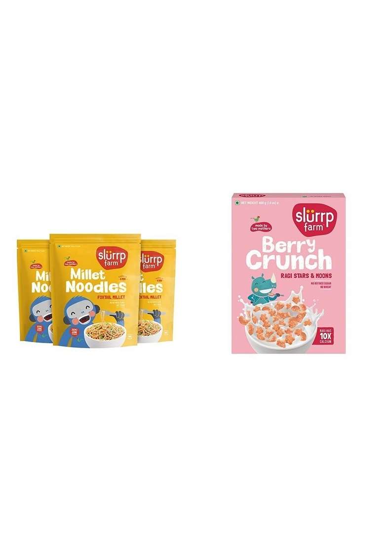 Slurrp Farm No Maida Millet Noodles| Foxtail Noodles Pack Of 3 192G Each Berry Crunch Strawberry Cereal| 400 G - Indya