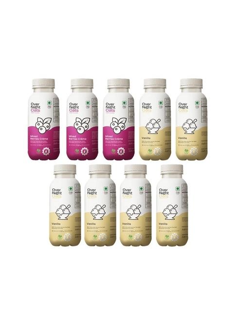 Overnight Oats With Vegan Protein | High Protein Oats Breakfast With Dietary Fibre | Just Add Milk | Ready In Minutes | No Preservatives | 3 Mixed Berries + 6 Vanilla (Pack Of 9, 50G Each)