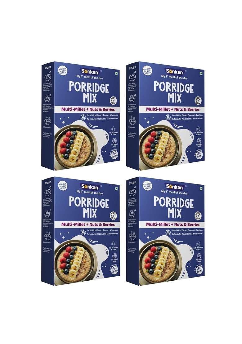 Sonkan – Porridge Mix Multi-Millets, Nuts & Berries | No Sugar, No Milk Powder | 100% Natural Multigrain Breakfast | Vegan & Gluten-Free | High Fiber & Plant Protein | Pack Of 4 (4 X 250G Each = 1Kg) - Indya
