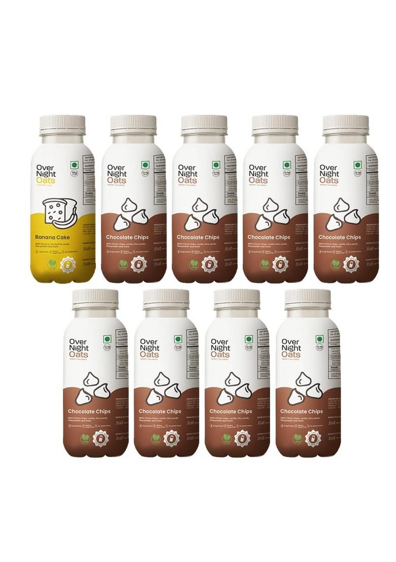 Overnight Oats With Vegan Protein | High Protein Oats Breakfast With Dietary Fibre | Just Add Milk | Ready In Minutes | No Preservatives | 1 Banana Cake + 8 Chocolate Chips (Pack Of 9, 50G Each)