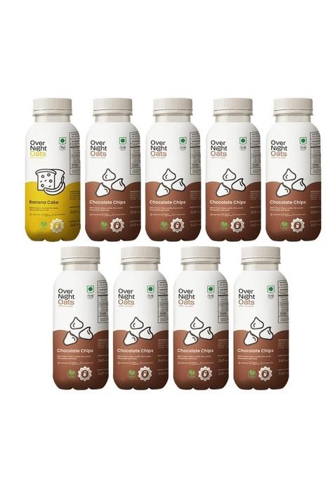 Overnight Oats With Vegan Protein | High Protein Oats Breakfast With Dietary Fibre | Just Add Milk | Ready In Minutes | No Preservatives | 1 Banana Cake + 8 Chocolate Chips (Pack Of 9, 50G Each)
