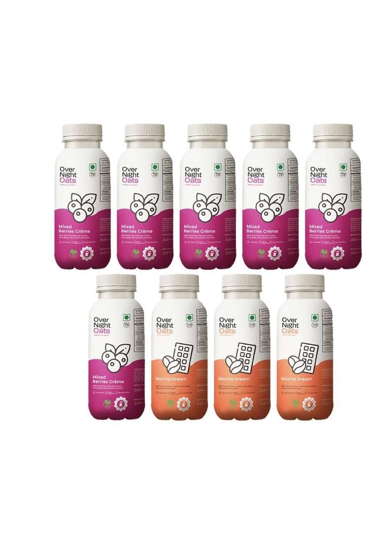 Overnight Oats With Vegan Protein | High Protein Oats Breakfast With Dietary Fibre | Just Add Milk | Ready In Minutes | No Preservatives | 6 Mixed Berries + 3 Mocha (Pack Of 9, 50G Each) - Indya