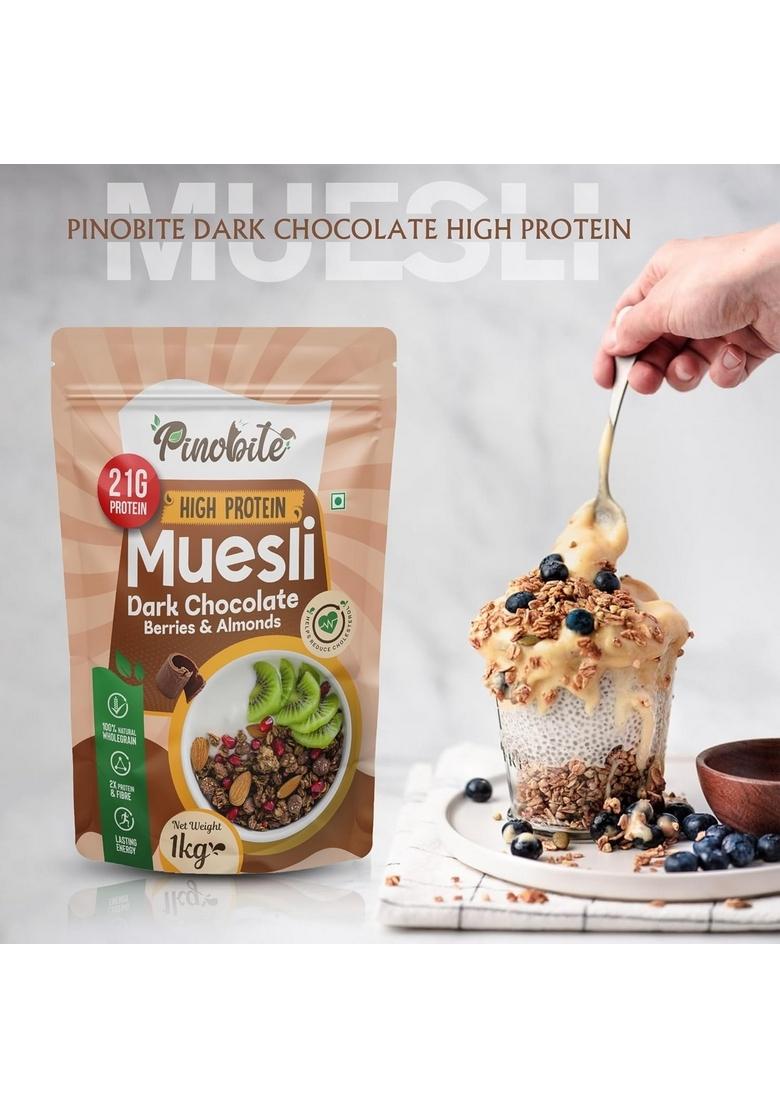 Pinobite Dark Chocolate High Protein Muesli 1 Kg | Goodness Of Berries Pumpkin Seeds, Chia Seeds, Almonds, Raisins | No Added Sugar | Rich In Fibre, Gluten Free Perfect For Breakfast