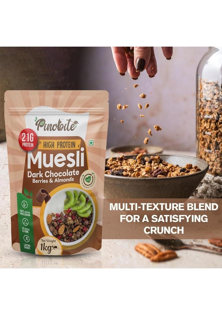 Pinobite Dark Chocolate High Protein Muesli 1 Kg | Goodness Of Berries Pumpkin Seeds, Chia Seeds, Almonds, Raisins | No Added Sugar | Rich In Fibre, Gluten Free Perfect For Breakfast