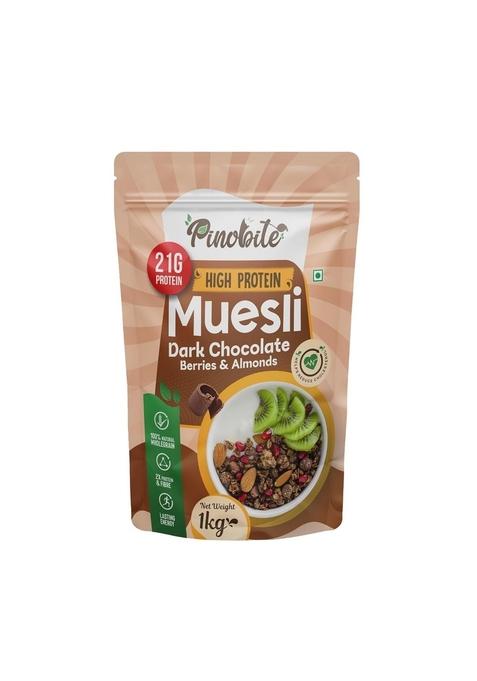 Pinobite Dark Chocolate High Protein Muesli 1 Kg | Goodness Of Berries Pumpkin Seeds, Chia Seeds, Almonds, Raisins | No Added Sugar | Rich In Fibre, Gluten Free Perfect For Breakfast