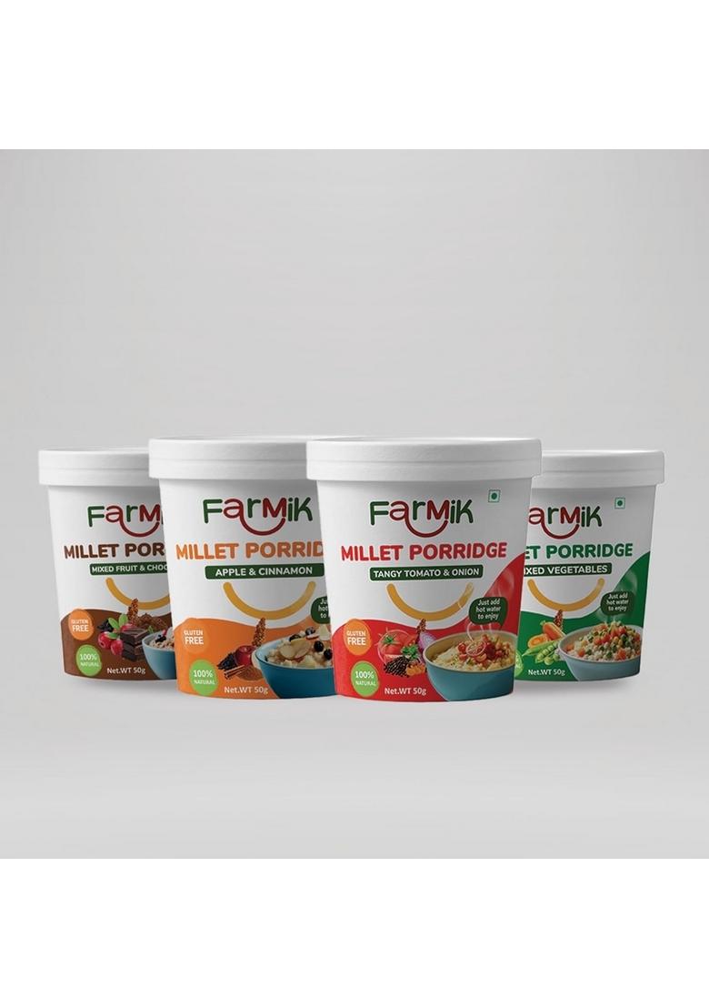 Farmik Porridge Combo Pack | Mixed Fruit & Chocolate, Mixed Vegetables, Tangy Tomato & Onion, Apple Cinnamon | Instant Nutritious Breakfast | High Fibre & Healthy Snack | 3 X 50G