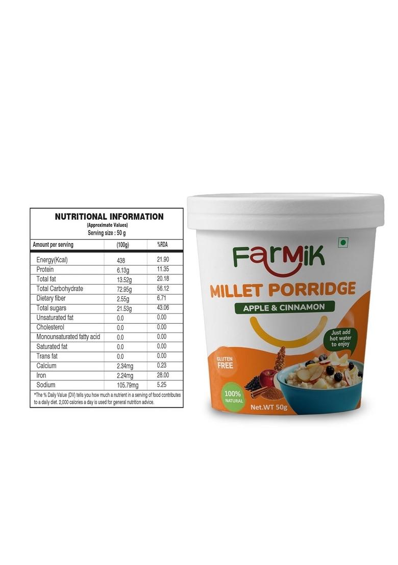 Farmik Porridge Combo Pack | Mixed Fruit & Chocolate, Mixed Vegetables, Tangy Tomato & Onion, Apple Cinnamon | Instant Nutritious Breakfast | High Fibre & Healthy Snack | 3 X 50G