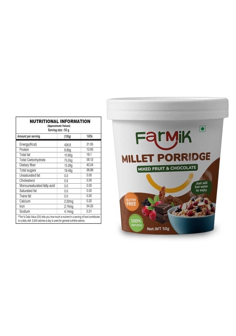Farmik Porridge Combo Pack | Mixed Fruit & Chocolate, Mixed Vegetables, Tangy Tomato & Onion, Apple Cinnamon | Instant Nutritious Breakfast | High Fibre & Healthy Snack | 3 X 50G