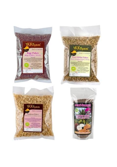 Ikkiyam Combo Of Bajra, Jowar & Ragi Flakes (Pack 3, 250G Each) & Coconut Sugar 200G | Organic Finger Millet Ragi Flakes, Miracle Millet, Healthy Breakfast Cereal For Adults & Childrens, Gluten-Free, Perfect Replacement To Whole Wheat | Preservatives & Ch