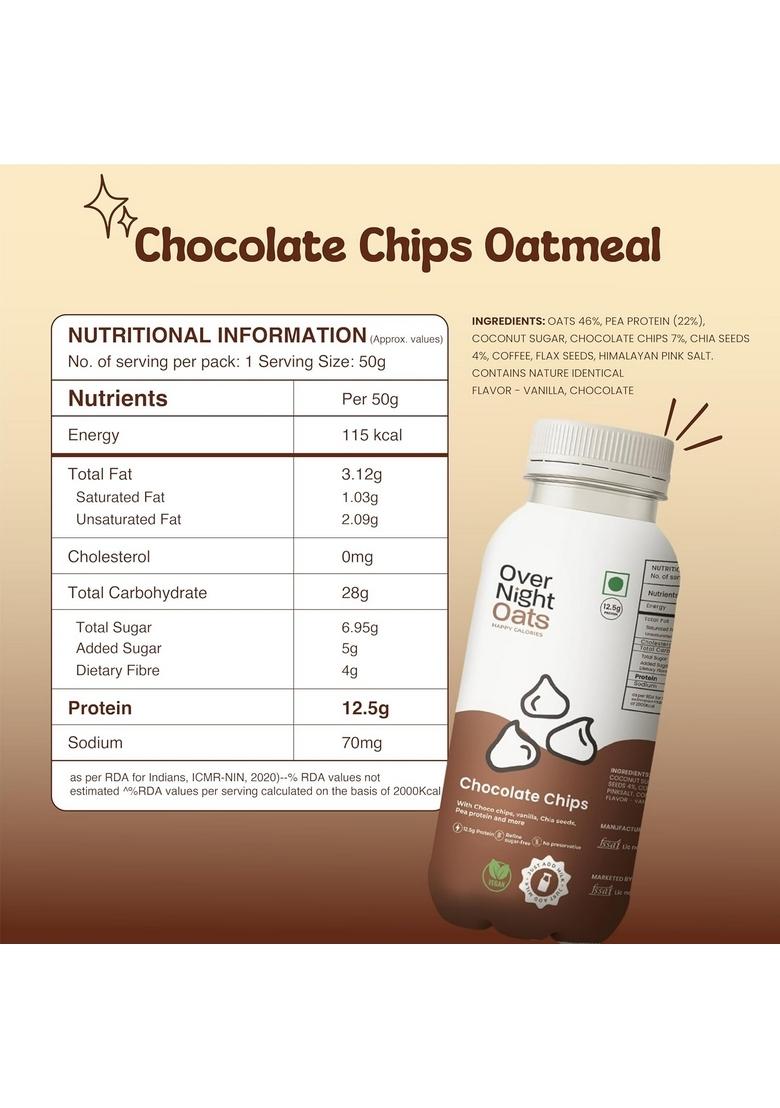 Overnight Oats With Vegan Protein | High Protein Oats Breakfast With Dietary Fibre | Just Add Milk | Ready In Minutes | 1 Banana Cake + 7 Chocolate Chips + 1 Vanilla (Pack Of 9, 50G Each)