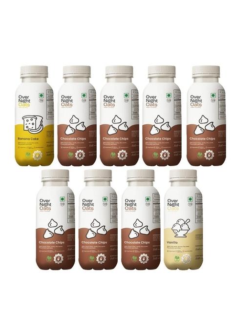 Overnight Oats With Vegan Protein | High Protein Oats Breakfast With Dietary Fibre | Just Add Milk | Ready In Minutes | 1 Banana Cake + 7 Chocolate Chips + 1 Vanilla (Pack Of 9, 50G Each)