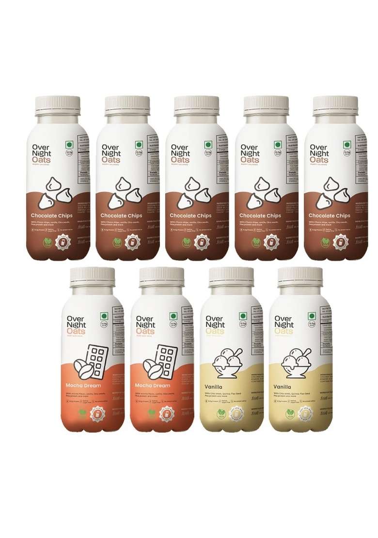Overnight Oats With Vegan Protein | High Protein Oats Breakfast With Dietary Fibre | Just Add Milk | Ready In Minutes | No Preservatives | 5 Chocolate Chips + 2 Mocha + 2 Vanilla (Pack Of 9, 50G) - Indya